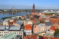 Cityscape aerial view on the old town with Dome cathedral and Vansu bridge through Daugava river in Riga city Royalty Free Stock Photo