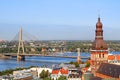 Cityscape aerial view on the old town with Dome cathedral and Vansu bridge through Daugava river in Riga city, Latvia Royalty Free Stock Photo