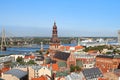 Cityscape aerial view on the old town with Dome cathedral and Vansu bridge through Daugava river in Riga city, Latvia Royalty Free Stock Photo