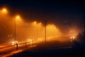 Cityscape allure night lights, road bridge, moving car through mist Royalty Free Stock Photo