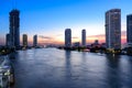 Cityscape of Asiatique the Riverfront is popular and famous place in the evening with sunset time at Bangkok, Thailand Royalty Free Stock Photo