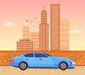 Cityscape in Autumn and Car Riding on Road Vector Royalty Free Stock Photo