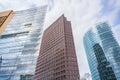 Cityscape of three modernist skyscraper office commercial buildings towering skyward on Potsdamer Platz,Berlin, Germany Royalty Free Stock Photo