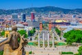 Cityscape of Barcelona with aerial view of Placa d`Espanya or Spain square with Torres Venecianes Venetian towers