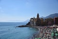 Cityscape and beach photos of the small fishing village and tourist resort Camogli, Italy Royalty Free Stock Photo