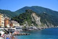 Cityscape and beach photos of the small fishing village and tourist resort Camogli, Italy Royalty Free Stock Photo