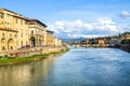 Cityscape of beautiful Florence, Tuscany, Italy photographed from the famous Ponte Vecchio Bridge. Historical buildings including Royalty Free Stock Photo