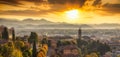 Cityscape of the Bergamo city at sunrise, Italy