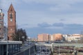 Cityscape of Berlin with church, highway and railroad lines