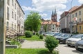 Cityscape of Bialystok, view of townhouses, red rooftops and towers of neo-Gothic Cathedral