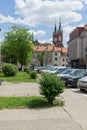 Cityscape of Bialystok, view of townhouses, red rooftops and towers of neo-Gothic Cathedral