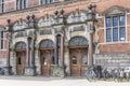 Bicycles parked at historical railway station entrance, Helsingor, Denmark Royalty Free Stock Photo