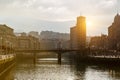 The cityscape of Bilbao, Spain. The Nervion river crosses Bilbao old town. Royalty Free Stock Photo