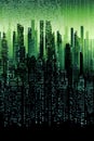 Cityscape with binary code on a dark background. Vector illustration. Royalty Free Stock Photo