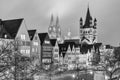 Cityscape, black-and-white - evening view on the Rhine promenade on background the Great Saint Martin Church and Cologne Cathedral Royalty Free Stock Photo
