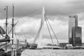 Cityscape, black-and-white - view of the moored sailboat on a background of skyscrapers district Feijenoord city of Rotterdam and Royalty Free Stock Photo