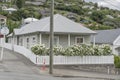 Blossoming sundeck of traditional house on uphill street at Lyttleton, Cristchurch, New Zealand