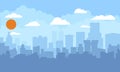 Cityscape with blue sky, white clouds and sun. Modern city skyline flat panoramic background. Flat and solid color style Royalty Free Stock Photo