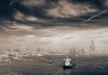 Cityscape of boats in port