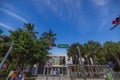 Cityscape bottom to top view at the Welcome Center for tourists on Ocean Drive, Miami Beach, on blue sky background. Royalty Free Stock Photo