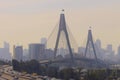 Cityscape of bridge and buildings with bush fire smoke haze