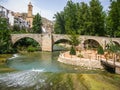 Cityscape with bridge over river at Alcala del Jucar, Castilla l