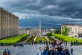 Cityscape of brussels with the landmark of town hall tower against cloudy sky from the Monts des arts, brussels, Belgium