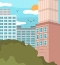 Cityscape with building blue sky, white clouds and sun. Modern city skyline flat vector background Royalty Free Stock Photo