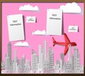 Cityscape of building and skyscraper with plane and clouds in paper style on pink billboard with white paper and pushpin