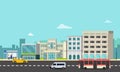 Cityscape with bus stop , cars and people.Company on street with city background.Town scene vector.