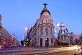 Cityscape at Calle de Alcala and Gran Via, main shopping street in Madrid, Spain,