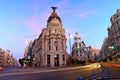 Cityscape at Calle de Alcala and Gran Via, main shopping street in Madrid, Spain,