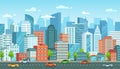 Cityscape with cars. City street with road, town buildings and urban car cartoon vector illustration Royalty Free Stock Photo