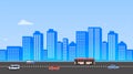 Cityscape with cars on street and sky background illustration.Buildings landscape. Daytime cityscape in flat style