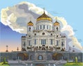 Cityscape of Cathedral of Christ the Saviour Moscow, Russia. Colorful vector hand drawing illustration