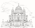 Cityscape of Cathedral of Christ the Saviour Moscow, Russia isolated vector hand drawing illustration in black color on white