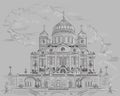 Cityscape of Cathedral of Christ the Saviour Moscow, Russia vector hand drawing illustration in black and white colors