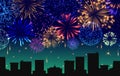 Cityscape with celebration fireworks banner vector illustration. Festive lights display over town buildings at night Royalty Free Stock Photo