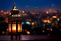 Cityscape celebration Lantern, dates, and night sky for Ramadan Kareem