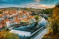 Cityscape Of Cesky Krumlov, Czech Republic. Autumn Evening At Sunset