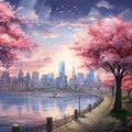 Cityscape Cherry Blossoms: A futuristic cityscape with vibrant cherry blossom trees lining the streets