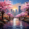 Cityscape Cherry Blossoms: A futuristic cityscape with vibrant cherry blossom trees lining the streets