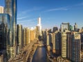 Cityscape of Chicago Riverwalk at Dusable bridge over Michigan river Royalty Free Stock Photo