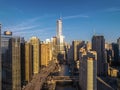 Cityscape of Chicago Riverwalk at Dusable bridge over Michigan river Royalty Free Stock Photo