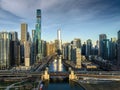 Cityscape of Chicago Riverwalk at Dusable bridge over Michigan river Royalty Free Stock Photo