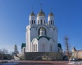 Cityscape with Christ the Savior Cathedral on Victory Square in the city of Kaliningrad Koenigsberg, Russia. Winter sunny day Royalty Free Stock Photo