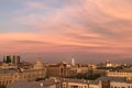 Cityscape of city center with church on sunset with beautiful pink clound,