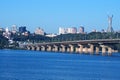 Cityscape. City on a sunny morning. Bridge connects the two parts of Kiev