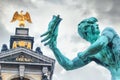 Closeup view of the Statue of Brabo and the Stadhuis building City Hall at the Grote Markt Main Square of Antwerp, in Belgium Royalty Free Stock Photo