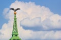 Cityscape - closeup view of the top of the mast of the Liberty Bridge in Budapest decorated with an bronze statue of the Turul my Royalty Free Stock Photo